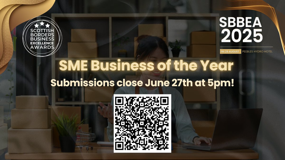 🚀 Are you an SME with 11–250 employees, based in the Scottish Borders?
Enter SME Business of the Year at #SBBEA2025! 🏆
✅ Innovation
✅ Growth
✅ People-first culture
FREE to enter Deadline: Fri 27 June, 5pm
 #BusinessAwards #ScottishBorders #SMEs #ScotlandBusiness #Leadership