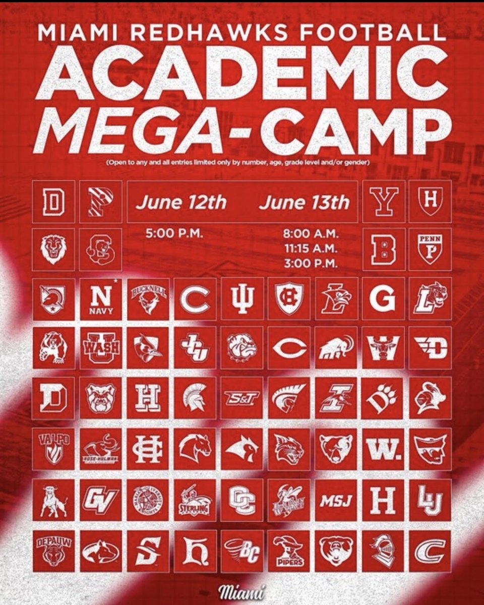 I'm pumped to attend the Miami Football Mega-Camp this summer on June 12th. Thank you for reaching out <a href="/MiamiOHFootball/">Miami Football</a>.  Go Redhawks! <a href="/CoachGrig_NCSA/">Coach Grignon</a> <a href="/StXFB/">Bomber Football</a> <a href="/Brodbeckj02/">Jake Brodbeck</a> <a href="/RUNBYU/">COACH T, M.Ed., HSSCC, USAW,FMS</a>