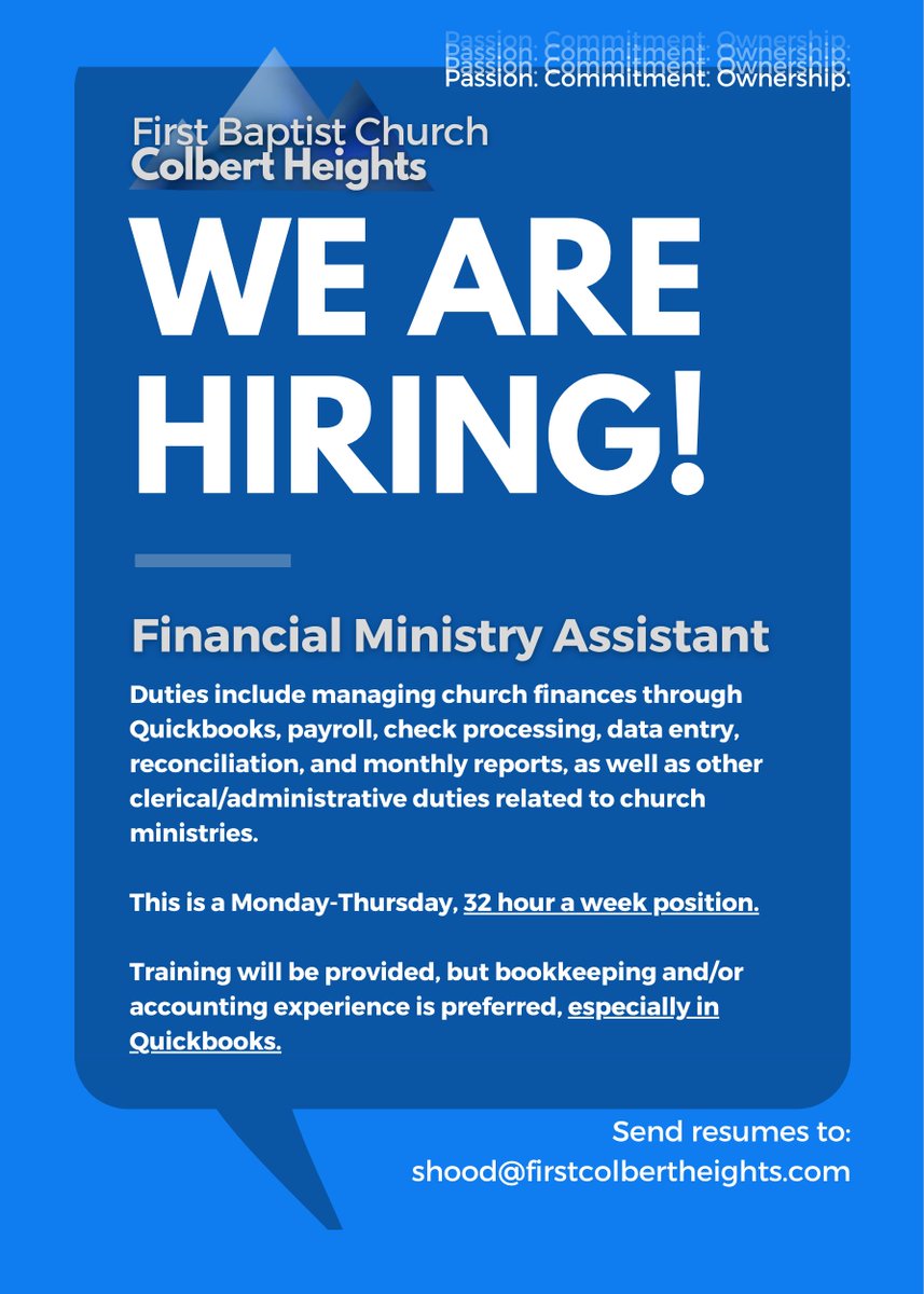 FBCColbertHghts's tweet photo. We are hiring! If you are interested in joining us, send your resume or any questions about the position to shood@firstcolbertheights.com. https://t.co/XFUzxgVon4