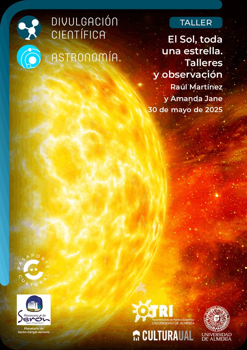 Y seguimos el viernes con una observación solar y una serie de talleres para todos los públicos relacionados también con el Sol 🌞. Tendremos a dos miembros del observatorio de Serón, que seguro que lo harán muy ameno e interesante.