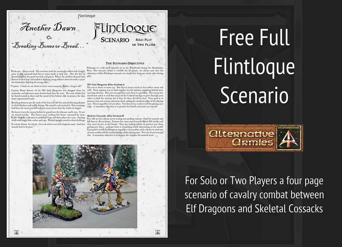 Flintloque fun!  Article two of two is a free full size scenario.  Follows on the ‘Uniformation’ article last week for new Skeletov Cossacks and sees them face off with Elf Dragoons. shorturl.at/txK5e #alternativearmies #flintloque #wargaming #tabletopgaming