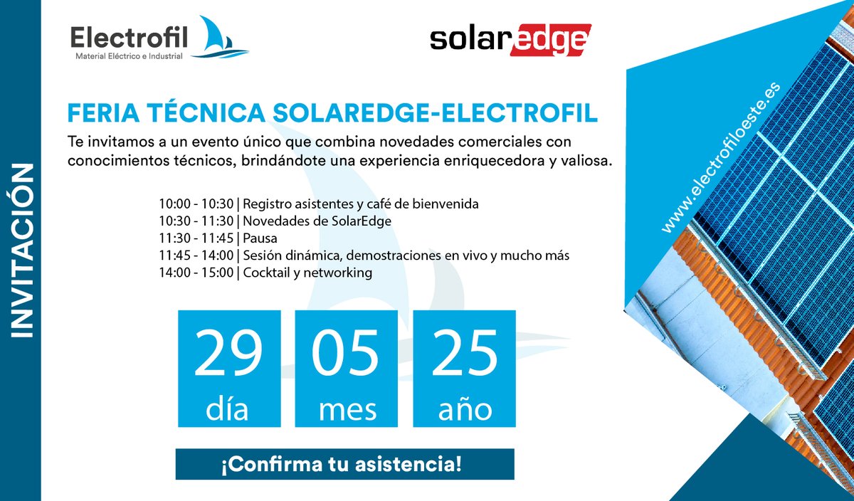 ‼️Te traemos en exclusiva la feria técnica de SolarEdge Technologies a hashtag#Extremadura. 

¿Quieres vivir un evento único que combina novedades comerciales con conocimientos técnicos? 

📝Inscríbete en cualquiera de nuestras delegaciones extremeñas: electrofiloeste.es/puntos-de-vent…