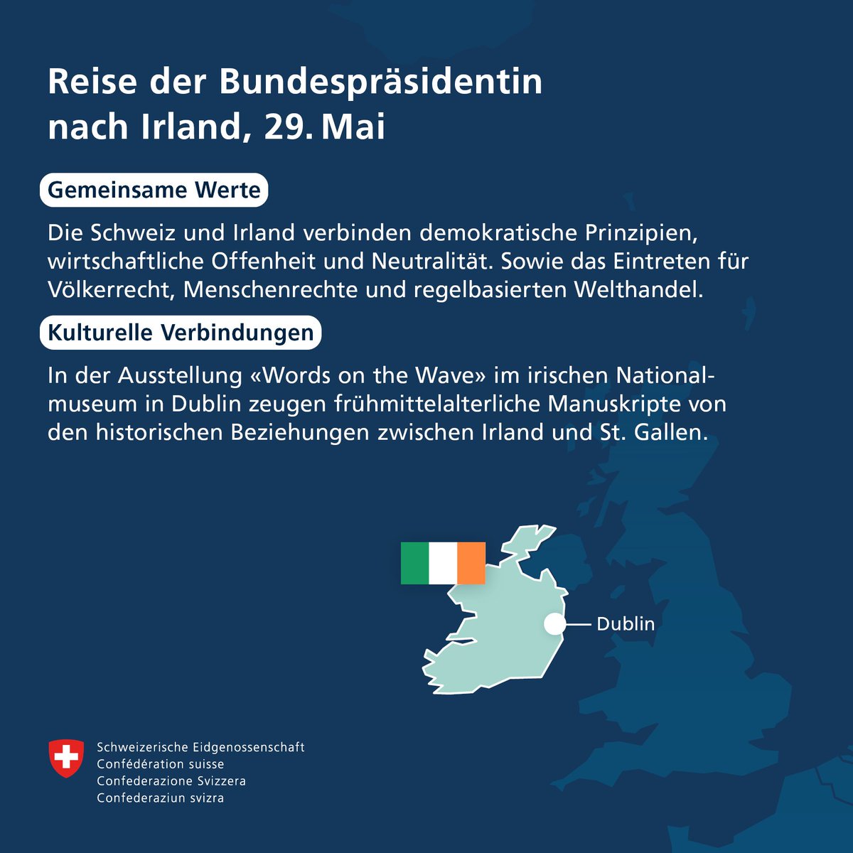 Swiss Embassy Dublin (@swiss_irl) on Twitter photo 🇨🇭Federal President <a href="/keller_sutter/">Karin Keller-Sutter</a> travels to 🇮🇪 for the opening #WordsOnTheWave <a href="/NMIreland/">National Museum of Ireland</a> . She will meet with <a href="/PresidentIRL/">President of Ireland</a> Michael D. Higgins, Taoiseach <a href="/MichealMartinTD/">Micheál Martin</a> & Finance Minister <a href="/Paschald/">Paschal Donohoe</a>
for more info: efd.admin.ch/en/newnsb/uYtC… 🇨🇭Federal President <a href="/keller_sutter/">Karin Keller-Sutter</a> travels to 🇮🇪 for the opening #WordsOnTheWave <a href="/NMIreland/">National Museum of Ireland</a> . She will meet with <a href="/PresidentIRL/">President of Ireland</a> Michael D. Higgins, Taoiseach <a href="/MichealMartinTD/">Micheál Martin</a> & Finance Minister <a href="/Paschald/">Paschal Donohoe</a>
for more info: efd.admin.ch/en/newnsb/uYtC…