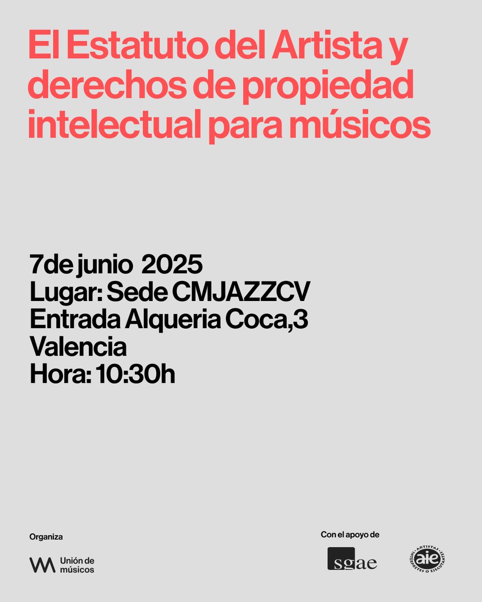 La Unión de Músicos organiza una jornada formativa para músicos con la colaboración de cm_jazz_cv, <a href="/sgaeactualidad/">SGAE</a> y <a href="/aieartistas/">AIE Soc. de Artistas</a> 
 🗓 7 de junio 10:30h
 📍Sede CM jazz CV: Entrada Alquería Coca,3.
 Valencia