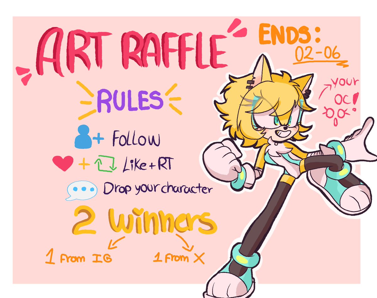 ART RAFFLE TIME — ૮ ․ ․ ྀིა  

Prize;  
 - Full body !!  

To enter: 
 - follow me  !
- like + RT (no QRTs)  
- Drop your OC or any character  

I do this to fill my commission portfolio!
Ends on 02nd june, goodluck !!