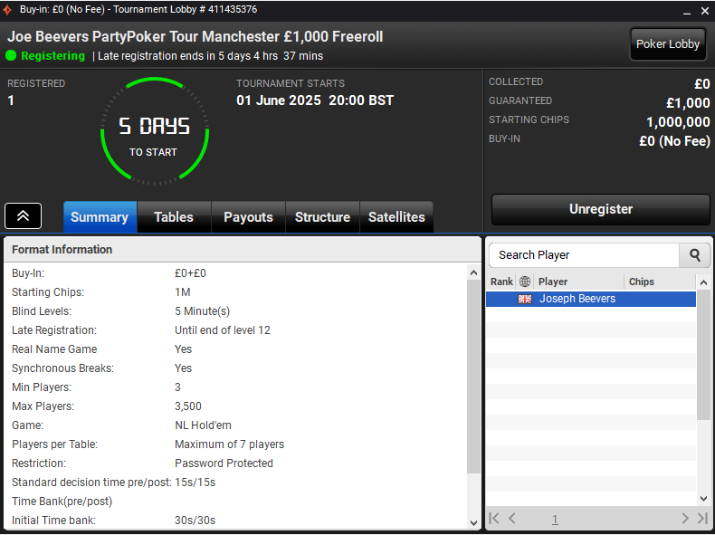 joebeevers's tweet photo. 📢Joe Beevers PartyPoker Tour Manchester £1,000 Freeroll! 📢

I’m running an exclusive freeroll just for my followers 🔥Free to play online poker tournament with £1,000 of prizes to be won!

📅 Sunday 1st June at 20:00 BST  

💻https://t.co/vGghv235Cq

🏆 The winner will receive a £150 Manchester Mini Main Event Seat.  

🎯Knock me out of the tournament to receive a $109 Sunday Party ticket.  

🔒Password protected:

✅ Follow me and RT this
✅ I will DM you with the password

Full T&C https://t.co/j7XUmTZlaB

18+  (UK and ROI only). Real players only. Runs on 01.06.2025 at 20:00 BST. Password protected. T&Cs apply. Play responsibly.  

🚨New to PartyPoker? Click on the link below for an exclusive 100% up to £1,000 + £50 Free Play + £25 Round 4 ticket!  

https://t.co/5n2SvZdS3B

Let’s get the cards flying and the chips stacking! 
♠️❤️♦️♣️

#ad #18+  #begambleawareorg #TermsApply
#partypokertour