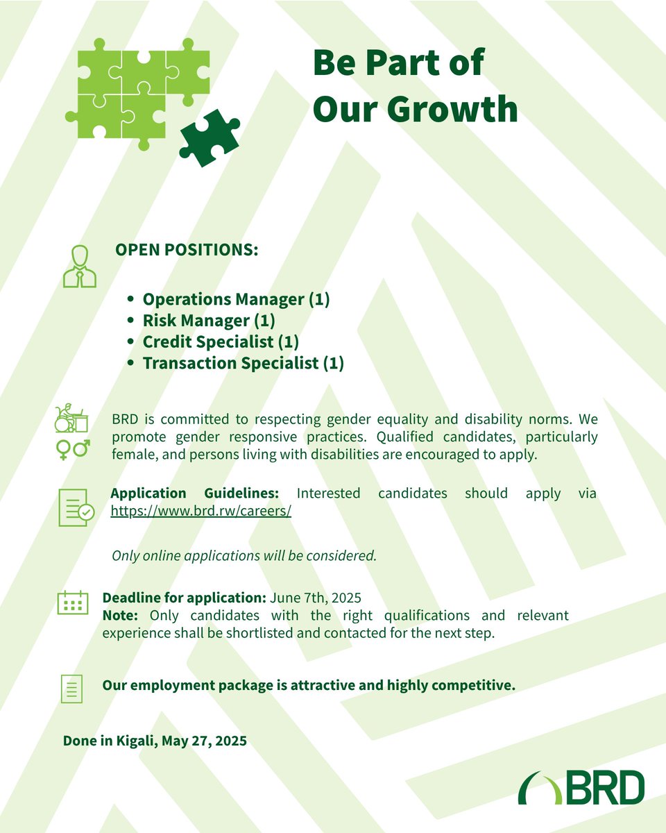We’re growing strong🌟! You want to join our winning team? 

We're seeking passionate talents for: Operations Manager, Risk Manager, Credit Specialist, and Transaction Specialist roles. 

Apply by June 7th and be part of our growth! 

Click here to apply: brd.rw/careers/