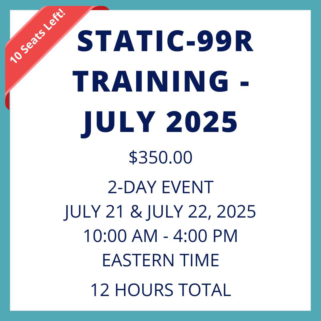SAARNAOrg's tweet photo. Only 10 spots remain in our July Static-99R training! Don’t miss your chance to secure a seat—exclusive discounts available for SAARNA affiliates and students. Register today at https://t.co/7N7XIcwhkN https://t.co/tG7hB7dmbU