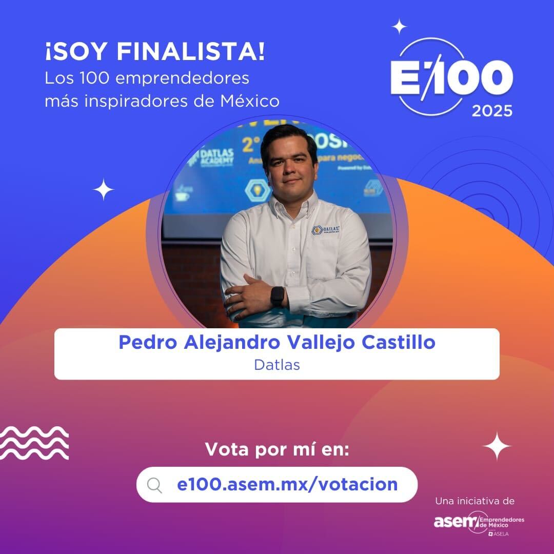 Recibimos una gran noticia! 🤯Nuestro CEO y Fundador, Pedro Vallejo, es parte del grupo de #Finalistas de #E100  2025 "Los 100 emprendedores más inspiradores de #Mexico " Agradeceríamos su apoyo VOTANDO por él en e100.asem.mx/votacion/ 🗳