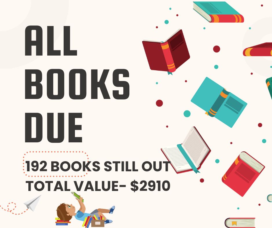 We still have 192 books to return worth $2910. Check your closets, old backpacks, etc to avoid unnecessary replacement fees! Check your student's email for more info! Thank you!