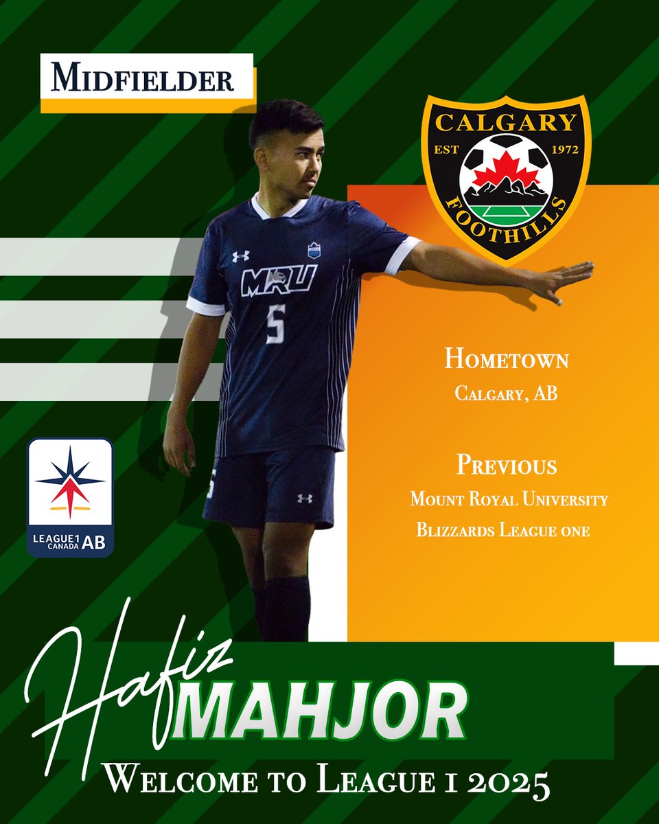Welcome Hafiz Mahjor! 💚⚽

Born in Kabul &amp; raised in Calgary, Hafiz has captained provincial teams, played for MRU &amp; Calgary Blizzards, and was recently called to Afghanistan’s national team camp.

Proud to have his leadership on board!

#WeAreFoothills #League1Alberta