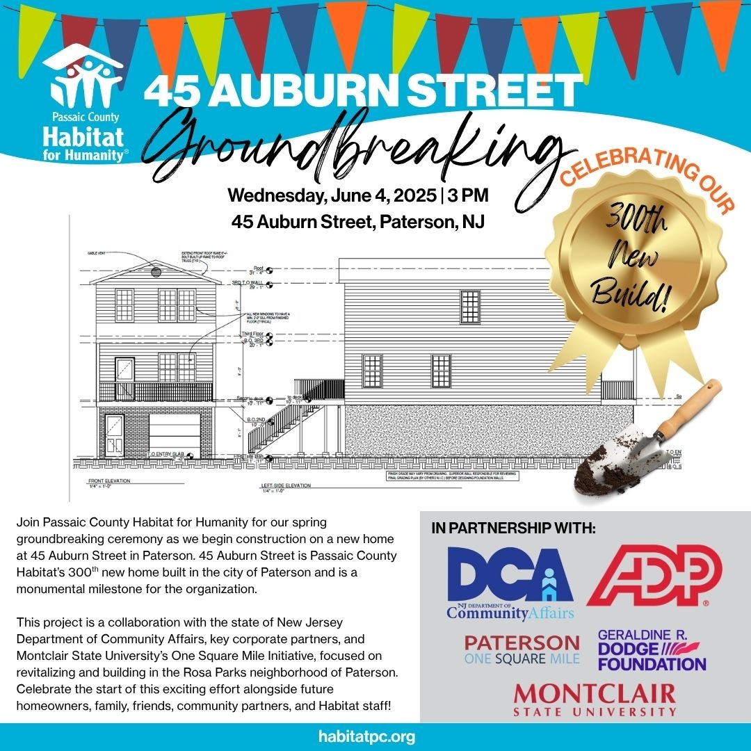 PCHFH's tweet image. Join us as we break ground on our 300th new home build in Paterson! 🎉
We're celebrating the start of construction at 45 Auburn Street — a milestone made possible through incredible partnerships and community support.
📍 45 Auburn St, Paterson
📅 Wednesday, June 4th at 3 PM