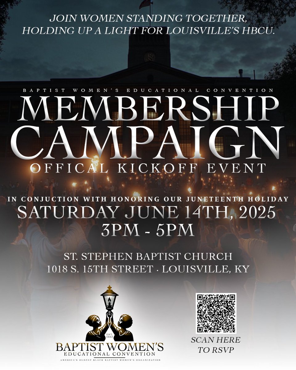 The Baptist Women’s Educational Convention invites you to the Membership Campaign Official Kickoff Event! 

Saturday, June 14, 2025
3 PM – 5 PM
St. Stephen Baptist Church
1018 S. 15th Street, Louisville, KY

Register today: bit.ly/4j3NMC4 @kwcosby