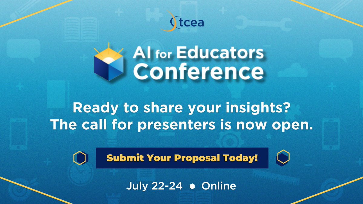 Last chance to submit your proposal for the <a href="/TCEA/">TCEA</a> virtual AI for Educators Conference (July 22-24)!

Share your creative and impactful #AI uses in education (K-higher ed) by the end of this week. Reviewing starts next week! Submit your session today: bit.ly/25ai4edu