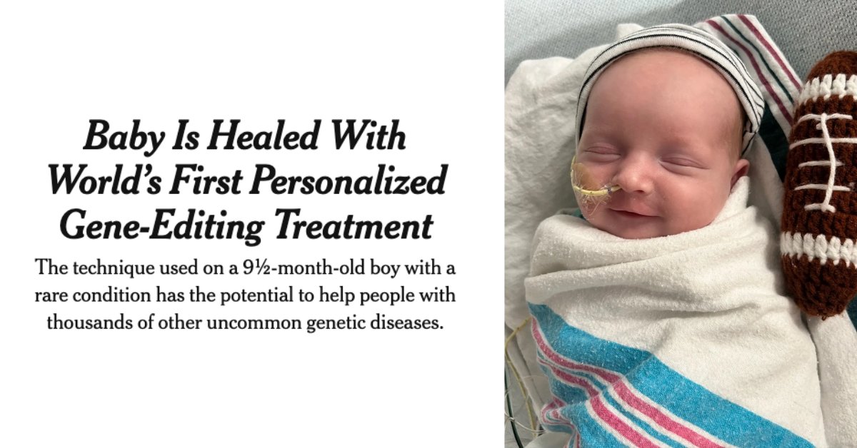 HHMI (@hhminews) on Twitter photo A baby named KJ, who was born with a rare genetic disorder ā CPS1 deficiency ā is healed thanks to doctors at the <a href="/ChildrensPhila/">Children's Hospital</a> who administered the worldās first personalized gene-editing treatment. The research team used base editing, a gene-editing method invented by HHMI A baby named KJ, who was born with a rare genetic disorder ā CPS1 deficiency ā is healed thanks to doctors at the <a href="/ChildrensPhila/">Children's Hospital</a> who administered the worldās first personalized gene-editing treatment. The research team used base editing, a gene-editing method invented by HHMI