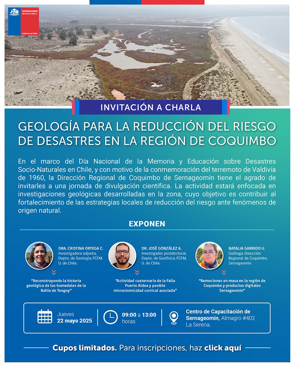Departamento de Geología - U. de Chile (@uchile_geologia) on Twitter photo 🔴 Una charla de interés: Nuestros académicos Dra. Cristina Ortega y Dr. José González-Alfaro (<a href="/UChile_Beauchef/">U. Chile - Ingeniería y Ciencias</a>) expondrán en evento <a href="/sernageomincl/">Sernageomin</a> en el contexto del aniversario del terremoto de Valdivia (1960).
🗓️22/05
⏰09:00h
📍Av. Almagro 402, La Serena
🔐Cupos limitados 🔴 Una charla de interés: Nuestros académicos Dra. Cristina Ortega y Dr. José González-Alfaro (<a href="/UChile_Beauchef/">U. Chile - Ingeniería y Ciencias</a>) expondrán en evento <a href="/sernageomincl/">Sernageomin</a> en el contexto del aniversario del terremoto de Valdivia (1960).
🗓️22/05
⏰09:00h
📍Av. Almagro 402, La Serena
🔐Cupos limitados