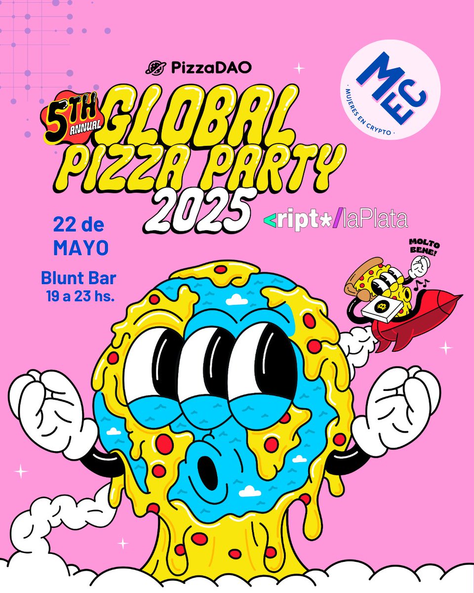 ¡El Bitcoin Pizza Day 🍕 está por llegar!

Como todos los años desde <a href="/CriptoLaPlata_/">CriptoLaPlata 🟢⚪️🟣</a> celebran la navidad cripto 🎄✨

Por 2do año consecutivo nos sumamos al festejo global de <a href="/Pizza_DAO/">PizzaDAO.eth 🍕🏴‍☠️</a>

🗓️ 22 de Mayo
📍 Blunt Bar
⏰ 19h a 23h
🎟️ Reserva tu lugar en el segundo tweet 😉

¡Gracias