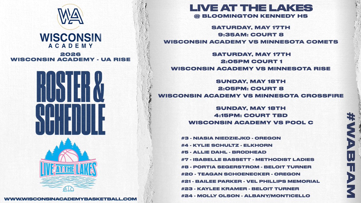 Allie Dahl (@alliedahl5) on Twitter photo Excited to compete in the <a href="/JrAllStarBB/">Jr. All-Star Girls Basketball</a> Live at the Lakes event this weekend! Here is my schedule!
<a href="/WiscoAcademy/">Wisconsin Academy</a> <a href="/annalisedemuth/">Annalise DeMuth</a> Excited to compete in the <a href="/JrAllStarBB/">Jr. All-Star Girls Basketball</a> Live at the Lakes event this weekend! Here is my schedule!
<a href="/WiscoAcademy/">Wisconsin Academy</a> <a href="/annalisedemuth/">Annalise DeMuth</a>