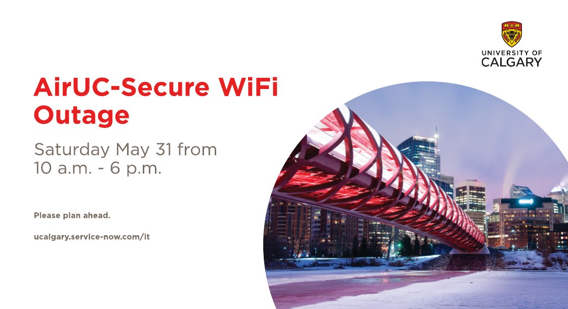Be advised: Network maintenance window on May 31 will impact the airuc-secure wireless (WiFi) service. Find out more: ucalgary.service-now.com/kb_view.do?sys…

#UCalgary
