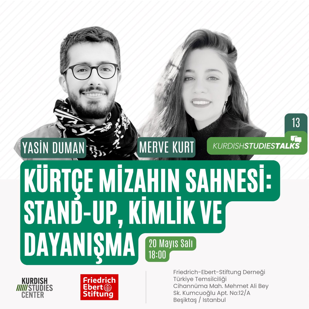 Kurdish Studies Talks İstanbul’da!

Detaylar ve rezervasyon: kurdish-studies.org/yayinlar/kurdi…

Kürtçe stand-up gösterileri sadece güldürmüyor; iyileştiriyor, güçlendiriyor ve direnişin sahnesine dönüşüyor.

İstanbul’da gerçekleştireceğimiz bu ilk Kurdish Studies Talks etkinliğinde, Merve