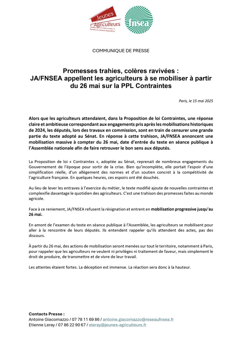 La FNSEA (@fnsea) on Twitter photo 🗞️ Communiqué | Promesses trahies, colères ravivées : <a href="/JeunesAgri/">Jeunes Agriculteurs</a> et la #FNSEA appellent les agriculteurs à se mobiliser à partir du 26 mai sur la PPL Contraintes ✊🚜
🔗 bit.ly/CPmobilisation…
-
👉 Alors que les agriculteurs attendaient, dans la Proposition de #LoiContraintes, 🗞️ Communiqué | Promesses trahies, colères ravivées : <a href="/JeunesAgri/">Jeunes Agriculteurs</a> et la #FNSEA appellent les agriculteurs à se mobiliser à partir du 26 mai sur la PPL Contraintes ✊🚜
🔗 bit.ly/CPmobilisation…
-
👉 Alors que les agriculteurs attendaient, dans la Proposition de #LoiContraintes,
