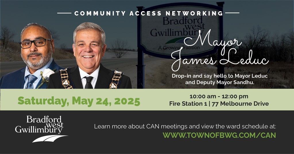 📢 Calling all Residents!⁠
⁠
CAN Meetings are back for 2025!⁠
⁠
Join Mayor Leduc and Deputy Mayor Sandhu for our May Community Access Networking (CAN) Meeting! ⁠ 

May 24 | 10:00 am – 12:00 pm⁠
Fire Station 1 | 77 Melbourne Drive⁠
⁠
Learn more: townofbwg.com/CAN