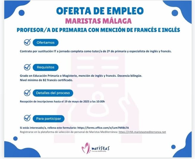 📣BUSCAMOS MAESTRO/A DE PRIMARIA CON MENCIONES DE #INGLÉS 🇬🇧 y #FRANCÉS 🇫🇷 .
Si tienes titulación que permite habilitación para impartir esas materias: ¡Apúntate!
Si estás interesado/a en nuestra oferta de empleo, rellena este formulario en ➡️ forms.office.com/e/Lvm7NR8s7A