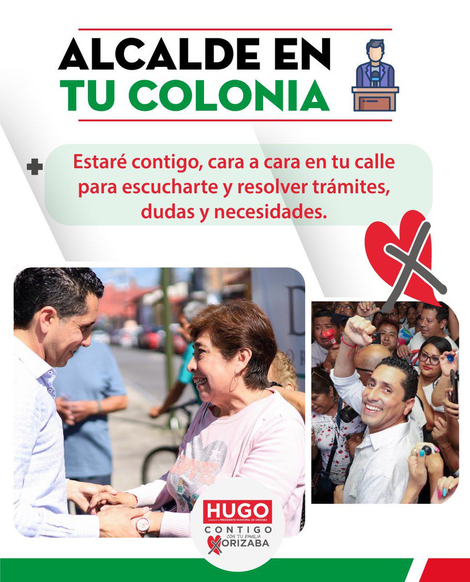 "Alcalde en tu colonia" es mi propuesta para construir un gobierno más cercano a los ciudadanos, facilitar la resolución de conflictos y promover una comunicación más ágil.

#HugoCONTIGO #Hugocontufamilia #HugoxOrizaba
