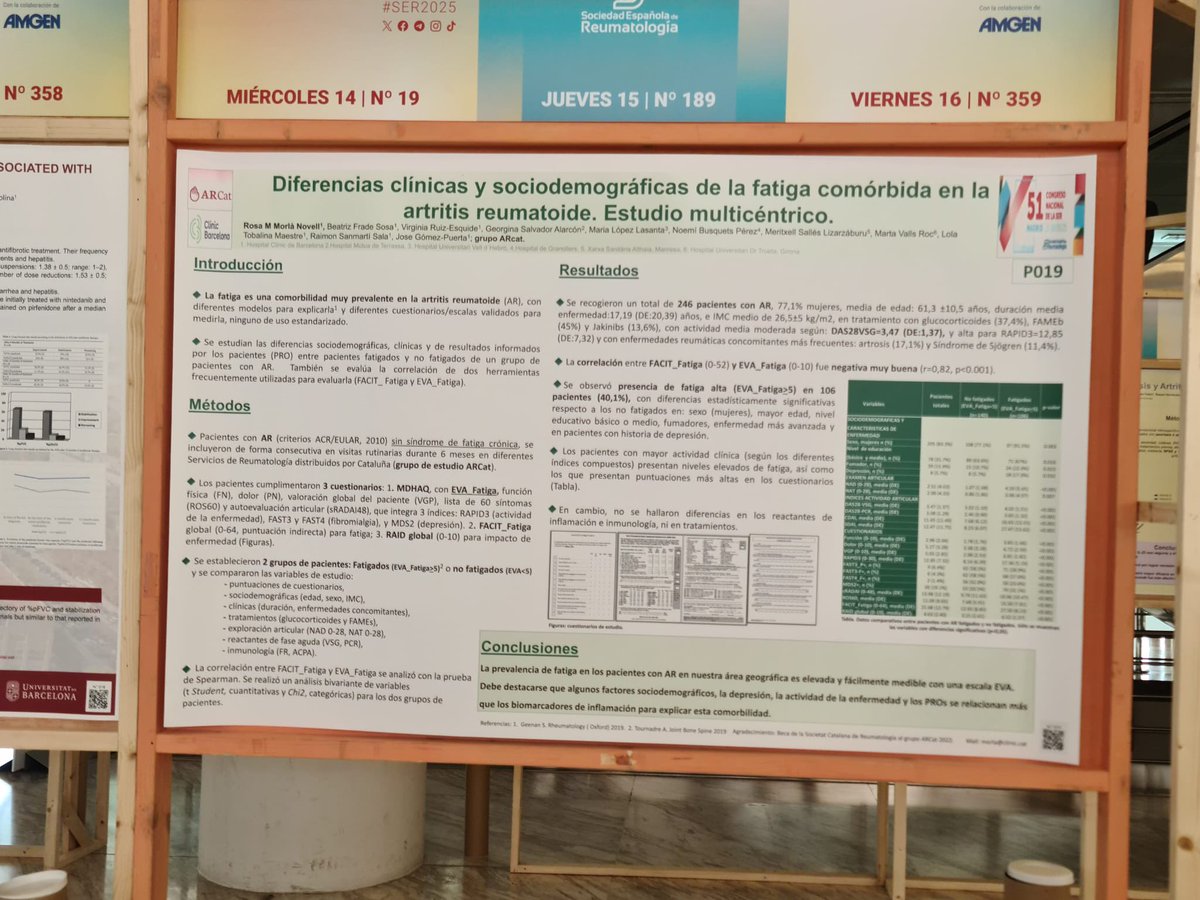 Presentamos datos de otro proyecto de <a href="/GrupARCat/">ARCat</a> en #SER2025 un estudio multicéntrico sobre fatiga crónica en artritis reumatoide. Se analizan variables sociodemográficas, clínicas y PROs, destacando su asociación con depresión y actividad de la enfermedad. <a href="/SEReumatologia/">Soc.Esp.Reumatología</a>