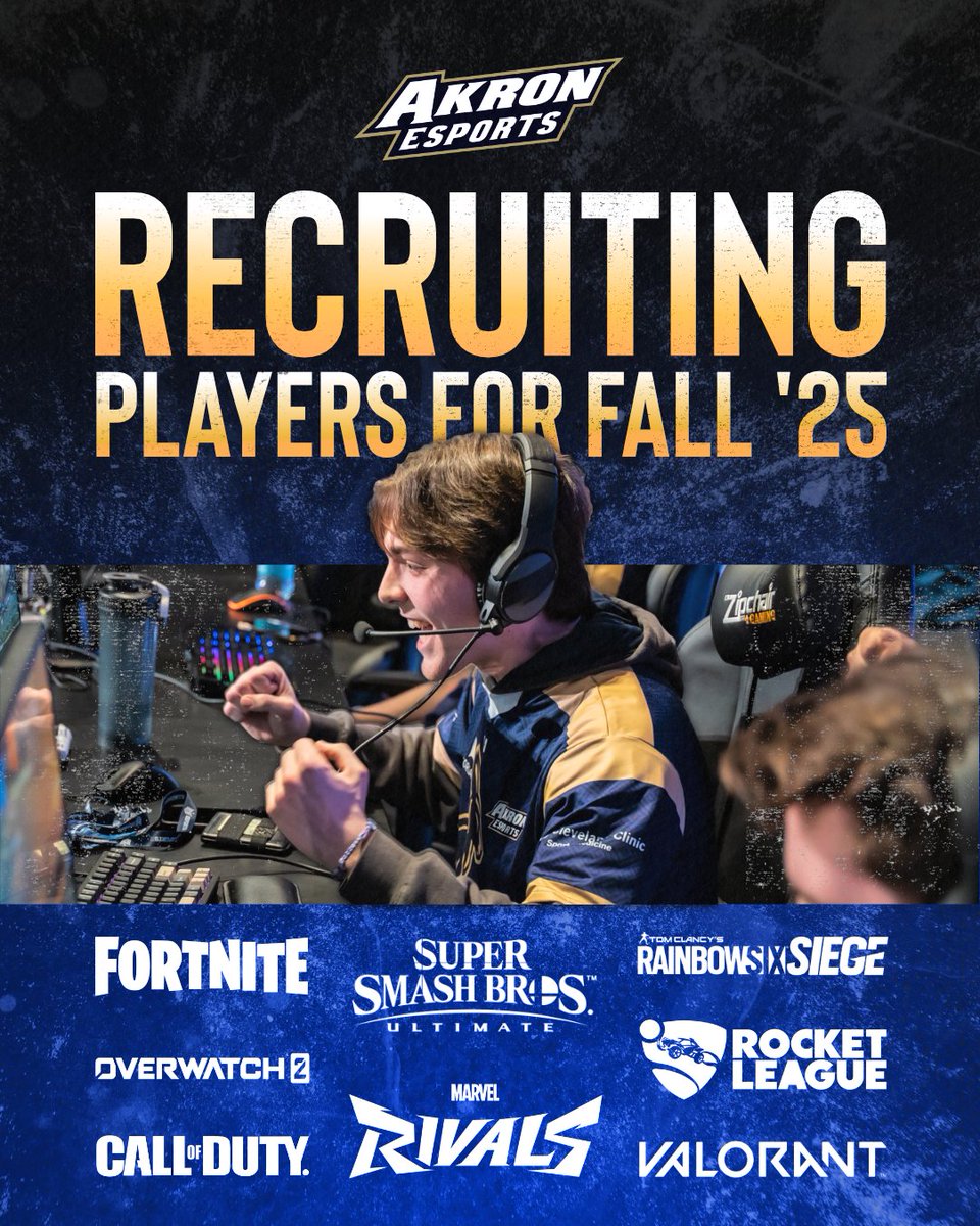 Akron Esports (@zipsesports) on Twitter photo Akron Esports is recruiting for Fall 2025βΌοΈ
β’ 24/7 access to our esports facility
β’ Your own PC on campus
β’ Team coaches/staff
β’ Scholarship opportunities
β’ Much more!π¦
Tell us you're interested: 
forms.office.com/r/qpgdza0aJE Akron Esports is recruiting for Fall 2025βΌοΈ
β’ 24/7 access to our esports facility
β’ Your own PC on campus
β’ Team coaches/staff
β’ Scholarship opportunities
β’ Much more!π¦
Tell us you're interested: 
forms.office.com/r/qpgdza0aJE