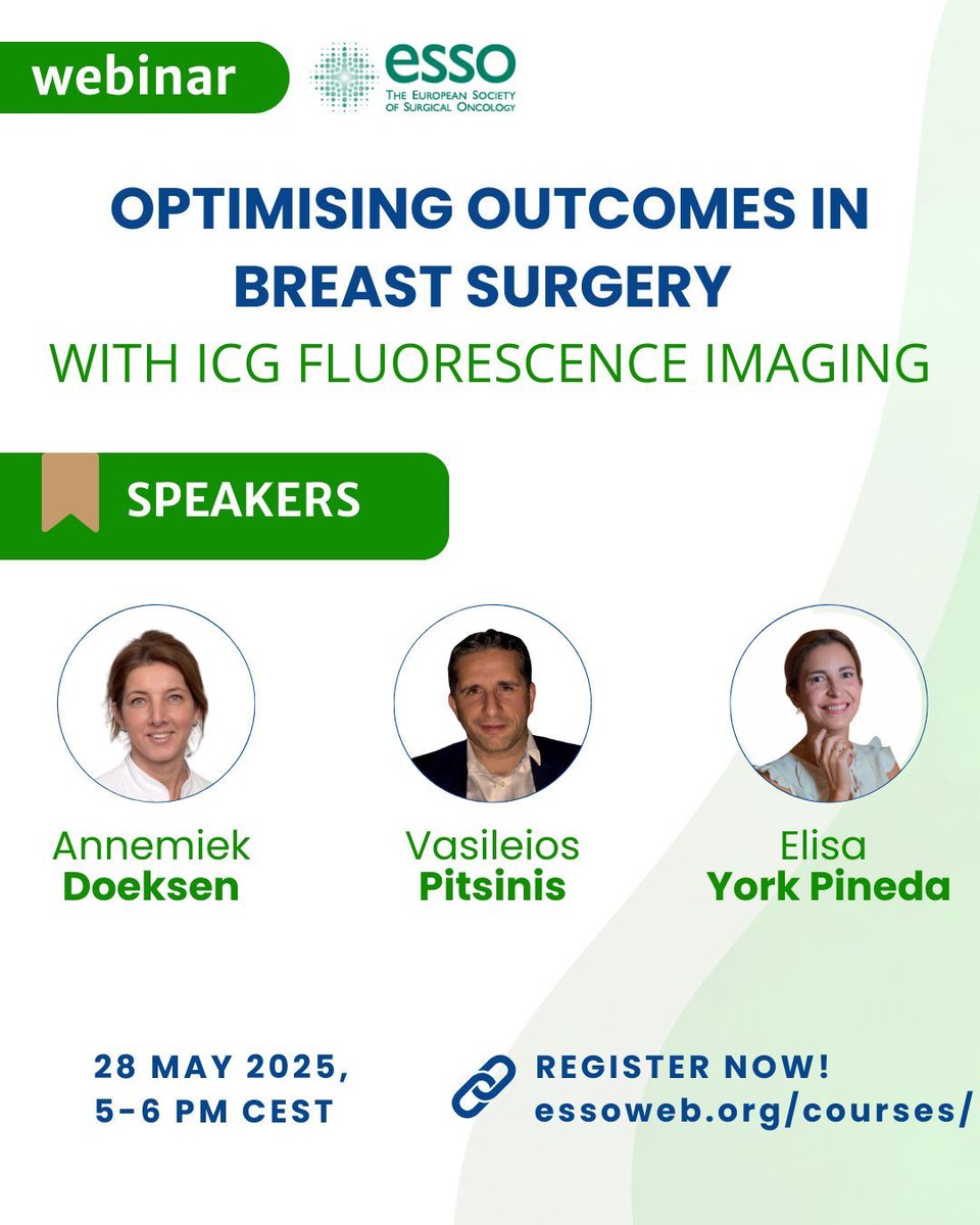 European Society of Surgical Oncology (ESSO) (@essonews) on Twitter photo 📣 Registration is OPEN!
🗓️ 28 May 2025 | ⏰ 5 PM CEST | 💻 Online
ESSO Webinar: ICG Fluorescence Imaging in Breast Surgery
🔗 Register now: essoweb.org/courses/esso-w…
#BreastSurgery #ICGImaging #SurgicalInnovation #FreeWebinar
🆓 FREE for all, thanks to <a href="/DiagnosticGreen/">Diagnostic Green</a> 📣 Registration is OPEN!
🗓️ 28 May 2025 | ⏰ 5 PM CEST | 💻 Online
ESSO Webinar: ICG Fluorescence Imaging in Breast Surgery
🔗 Register now: essoweb.org/courses/esso-w…
#BreastSurgery #ICGImaging #SurgicalInnovation #FreeWebinar
🆓 FREE for all, thanks to <a href="/DiagnosticGreen/">Diagnostic Green</a>