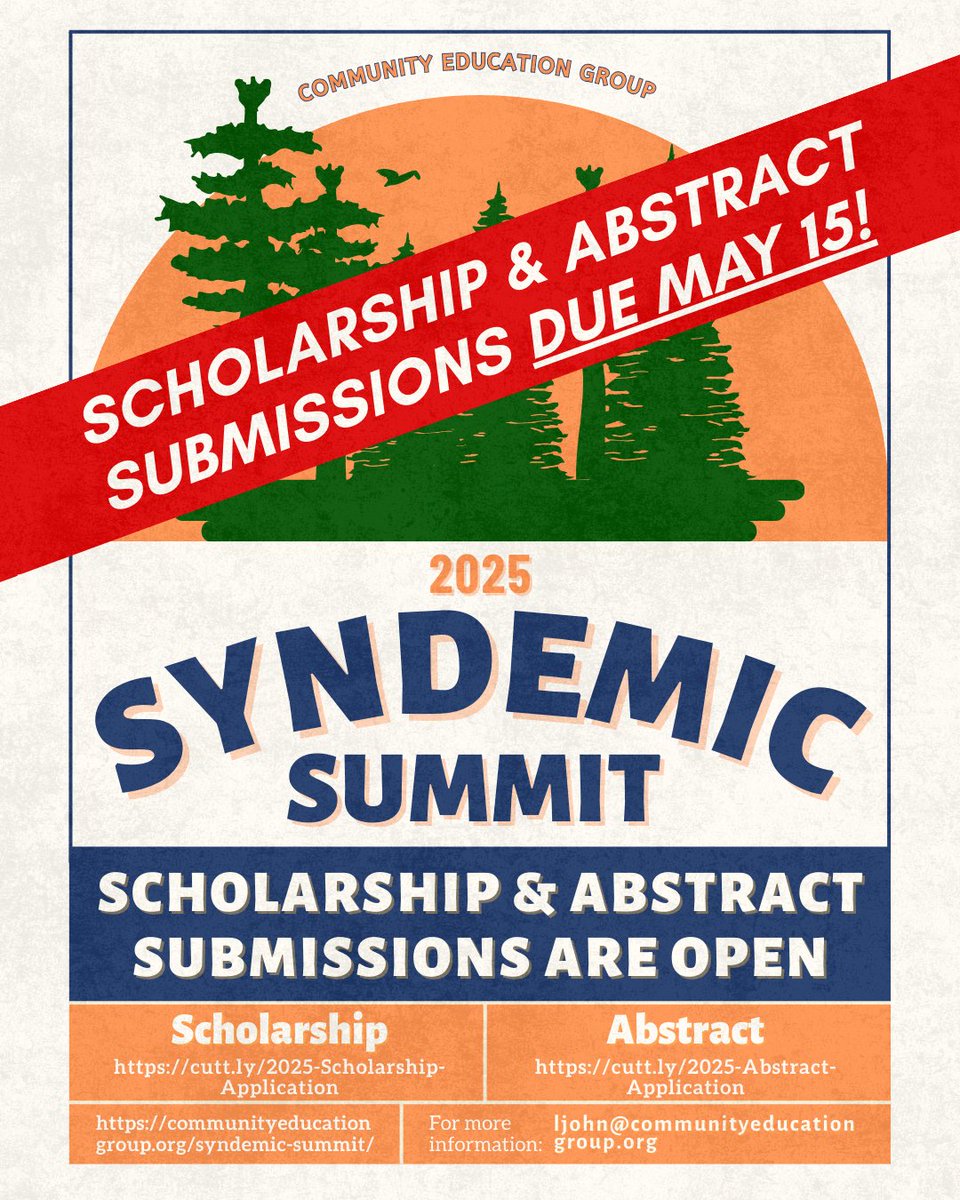 Abstracts and Scholarship submissions are due TODAY! 
Bring your voice, research, and solutions to the forefront at the 2025 Syndemic Summit!
cutt.ly/2025-Abstract-…
cutt.ly/2025-Scholarsh…