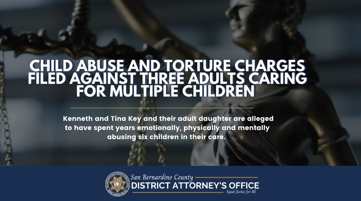 sbcountyda's tweet photo. Case Update: Defendants Kenneth, Tina and Katlynn Key pleaded not guilty to all charges and allegations, with bail set at No Bail. All three are scheduled to appear for a pre-preliminary hearing on May 20, 2025 at Victorville Superior Courthouse dept. V10.  

As the investigation continues, the headline and body of the original release has been updated to reflect that the children involved in this case were in guardianship care, not foster care as previously indicated. 

https://t.co/CAk8cPxElX
