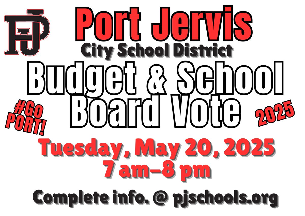 Mark your calendars!  The PJ City School District Budget &amp; School Board Vote is Tuesday, May 20th, 2025.  Please come out and vote. Thank you!

Complete budget and voting information located here:  pjschools.org/departments/bu…

#GOPORT!