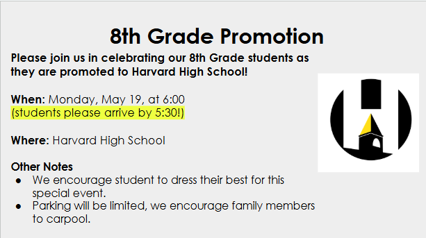 Harvard Junior High (@harvardjrhigh) on Twitter photo Attention 8th graders! Please take a peek at the reminders below!
Friday, May 16th- Field Day and 8th Grade Dance
Monday, May 19th- Promotion
#hjh #JrHornetsRising <a href="/HarvardD50/">Harvard CUSD 50</a> Attention 8th graders! Please take a peek at the reminders below!
Friday, May 16th- Field Day and 8th Grade Dance
Monday, May 19th- Promotion
#hjh #JrHornetsRising <a href="/HarvardD50/">Harvard CUSD 50</a>