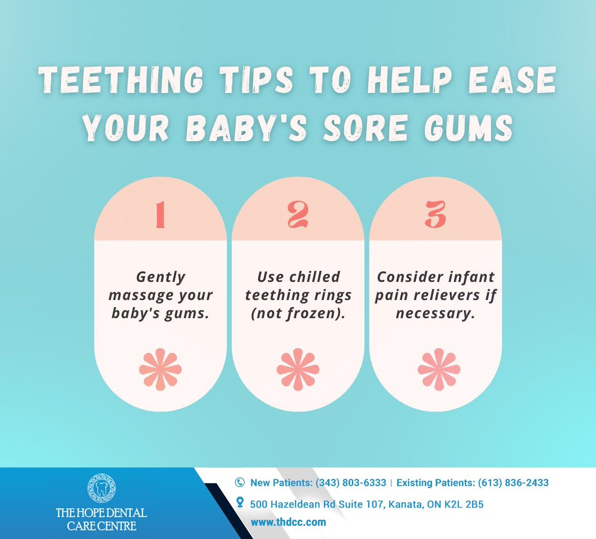 HopeKanata's tweet image. Teething is a normal part of your baby's growth, but it can be a challenging phase. Follow these tips to comfort your baby during this time. Start dental care early to ensure a lifetime of healthy smiles. #teethingtips #TheHopeDentalCareCentre #Kanata #ONK2L2B5