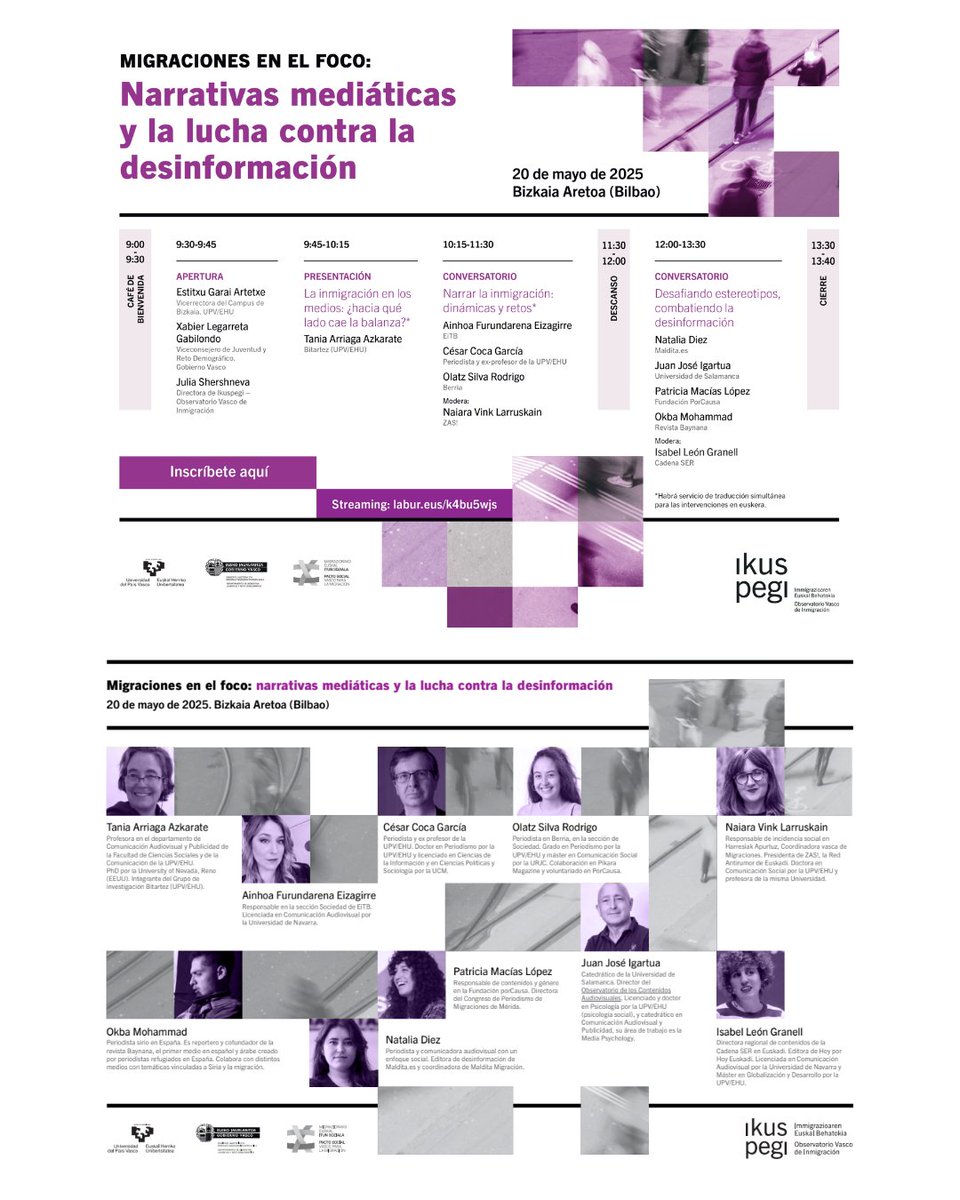 Migraciones en el foco: narrrativas mediáticas y lucha contra la desinformación
🟣 Compartimos programa de la jornada de <a href="/ikuspegi_eus/">Ikuspegi</a> 
🗓 20 mayo | 09:30-13:30
📍 Bizkaia Aretoa (Bilbao)

ℹ️📝 Inscripción 👇

ikuspegi.eus/es/jornadas/ve…

#Migraciones #InmigraciónenlosMedios