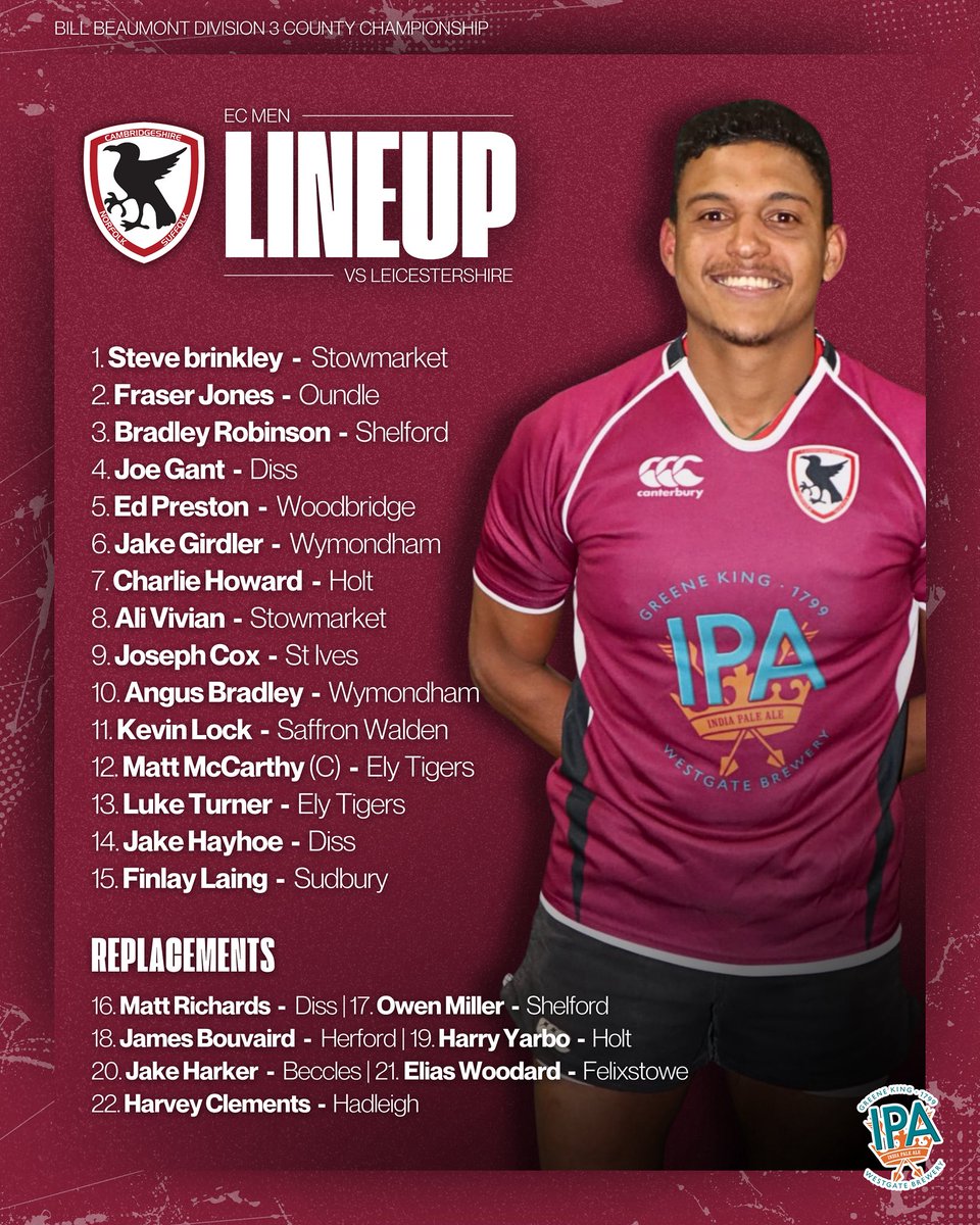 Here’s the Eastern Counties Men’s lineup for Saturday’s opening round of the Bill Beaumont County Championships.

EC host Leicestershire at Bury St Edmunds RFC. KO 2pm

Congratulations to all the players selected.

Come along &amp; show your support

#TeamEC 🦅