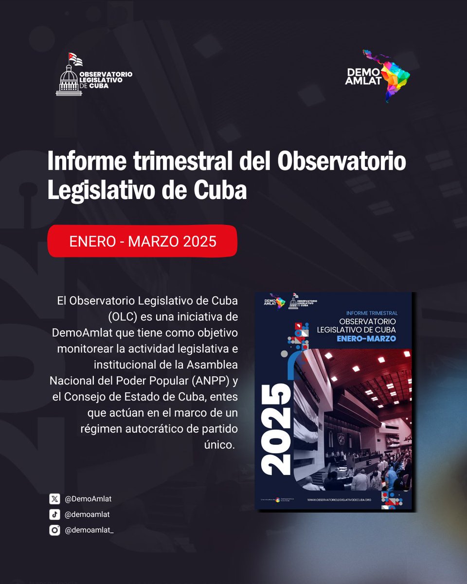 🏛️🇨🇺El Observatorio Legislativo de Cuba presenta el el primer reporte trimestral de 2025 sobre el funcionamiento de la ANPP y el Consejo de Estado

Nuevamente la asamblea se muestra incapaz de generar respuestas ante el agravamiento de la crisis interna

🔗observatoriolegislativodecuba.org/reporte-del-ob…