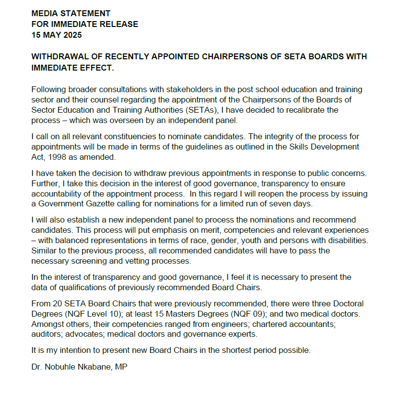 SABCNews_Radio's tweet photo. The Minister of Higher Education and Training, Dr. Nobuhle Nkabane has announced the withdrawal of recently appointed chairpersons of Sector Education and Training Authorities (SETAs) with immediate effect #SABCNews #FirstTakeSA https://t.co/wRKGNLe65Q
