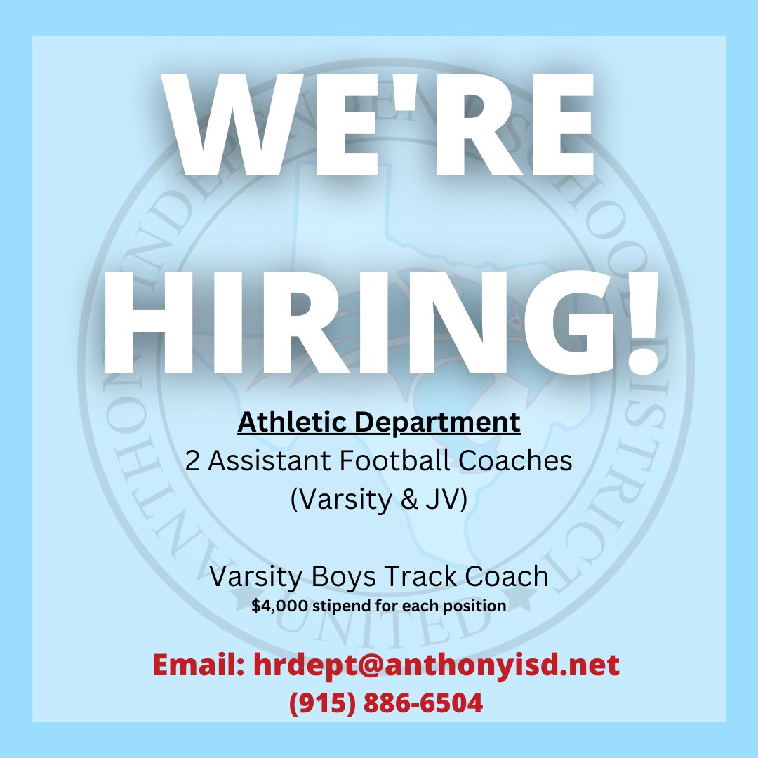 Anthony ISD Wildcats π (@_anthonyisd) on Twitter photo Join our team! ππ
Anthony ISD is hiring two assistant football coaches and a varsity track coach.
Want to help guide and inspire our young athletes? Email hrdept@anthonyisd.net to express your interest and request an application!
#AnthonyWildcatPride <a href="/WildcatsEPTX/">Anthony ISD Athletics</a> Join our team! ππ
Anthony ISD is hiring two assistant football coaches and a varsity track coach.
Want to help guide and inspire our young athletes? Email hrdept@anthonyisd.net to express your interest and request an application!
#AnthonyWildcatPride <a href="/WildcatsEPTX/">Anthony ISD Athletics</a>