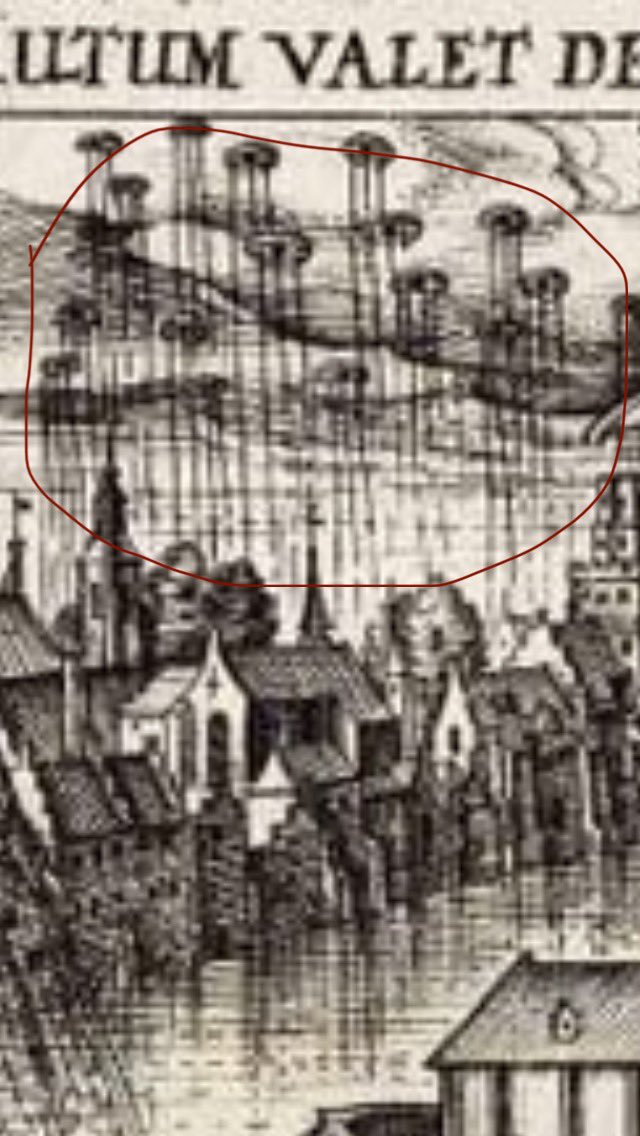 mario1973p's tweet photo. The “jellyfish” as alien entities, were already filmed in this video from 1999. Even if the video resolution is not the best, you can see the “tentacles” waving. Then I also attached a depiction from a few centuries ago, which shows many “jellyfish” above the sky of the city of The Hague in Holland. Where you can also see 3 bell-shaped objects 🔔 that irradiate the area below the city……
