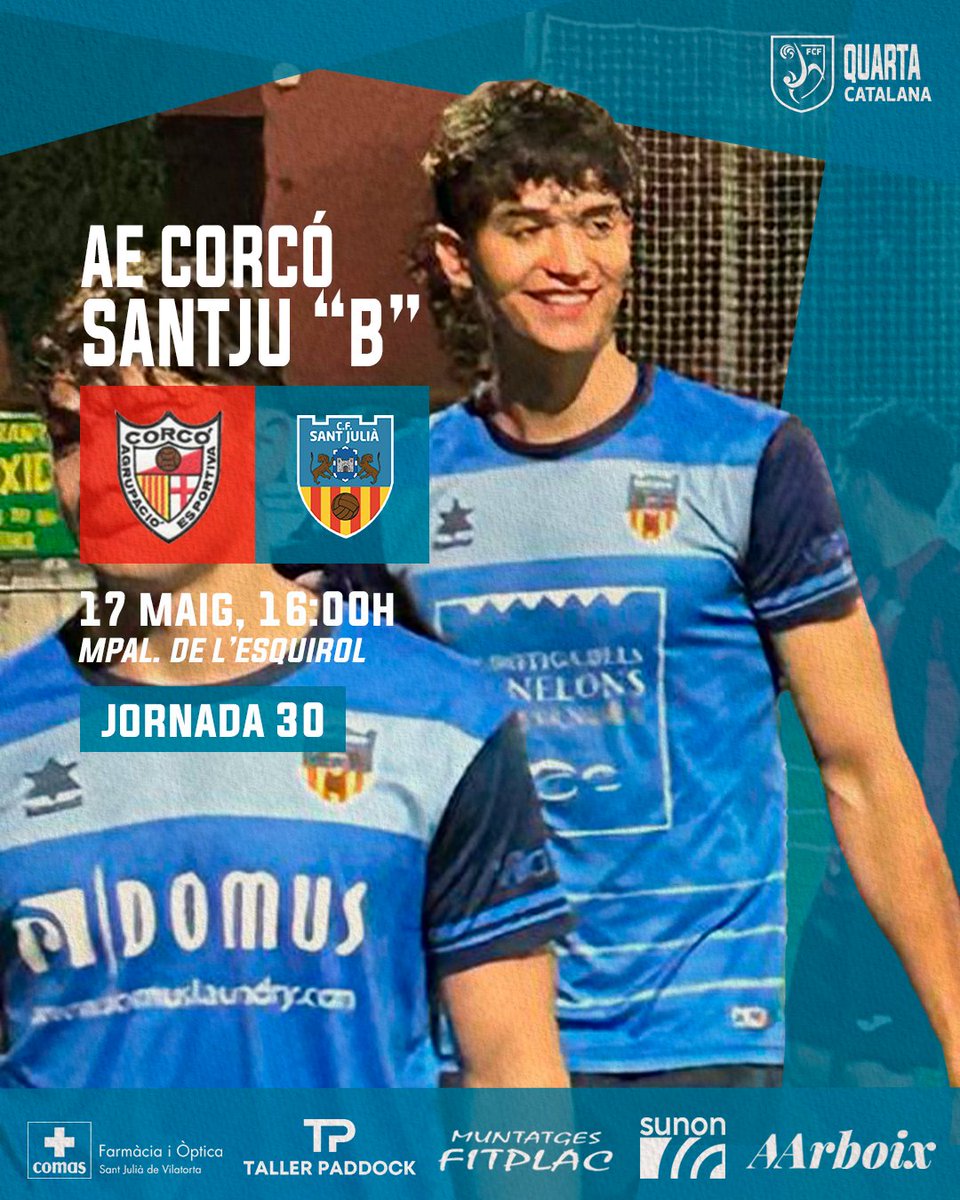 ⚽️🔵 PARTIT QUARTA (JORNADA 30)

El quarta tanca la temporada el dissabte al camp del Corcó.

#hereusdunapassió #somhisantju
Som-hi SantJu! 💙⚽️