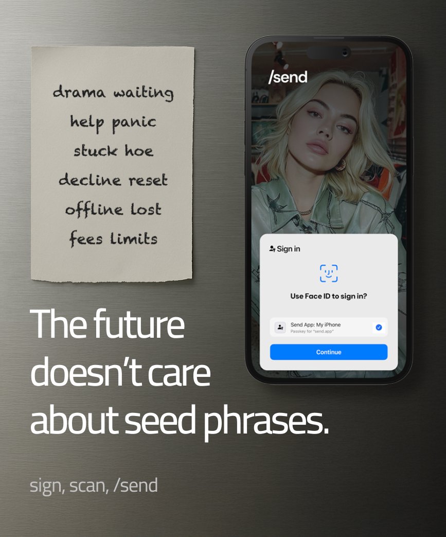 Getting started shouldn’t be stressful.
This is the fastest onboarding for a crypto wallet.

No phone number. 
No seed phrase.

Your first Sendtag is free.

→ sign, scan, /send