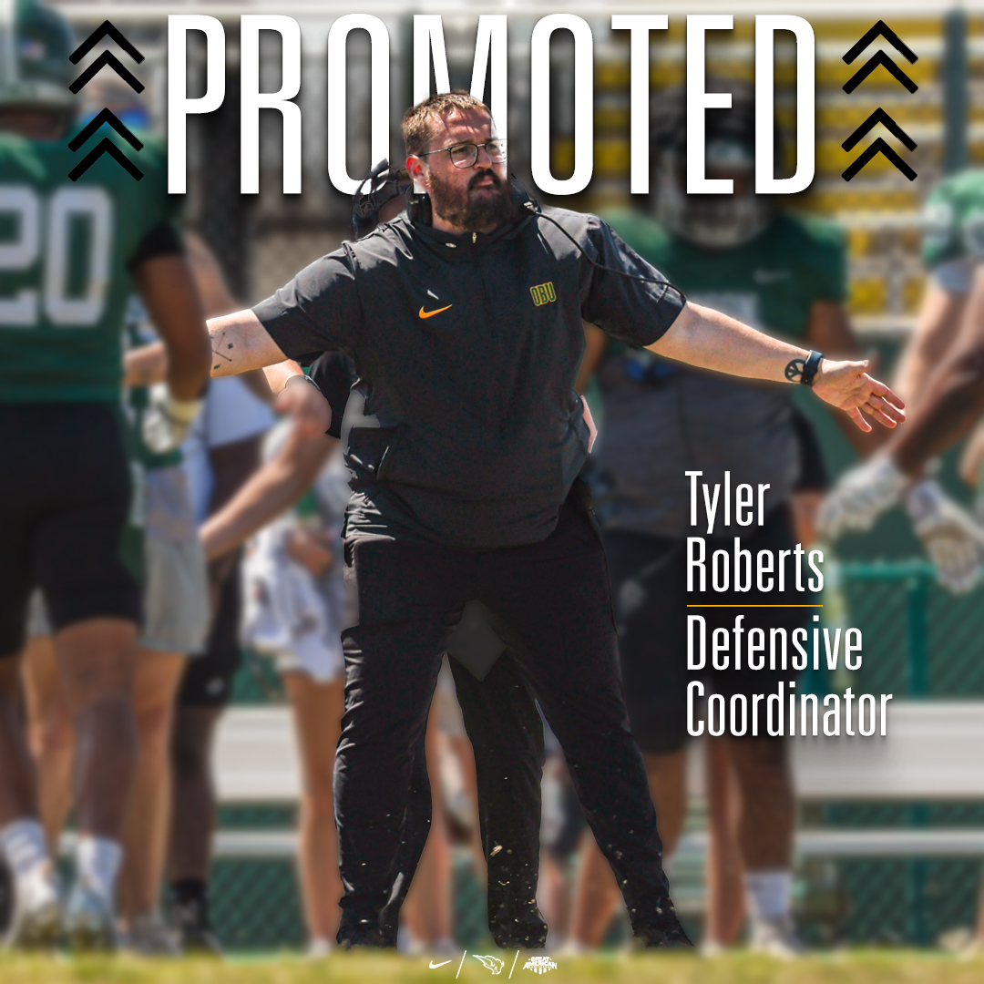 OBU Football (@obu_football) on Twitter photo Moving up. <a href="/CoachRoberts760/">Coach Roberts</a> has been elevated from outside linebackers coach to 𝐃𝐞𝐟𝐞𝐧𝐬𝐢𝐯𝐞 𝐂𝐨𝐨𝐫𝐝𝐢𝐧𝐚𝐭𝐨𝐫.
#OnToVictory Moving up. <a href="/CoachRoberts760/">Coach Roberts</a> has been elevated from outside linebackers coach to 𝐃𝐞𝐟𝐞𝐧𝐬𝐢𝐯𝐞 𝐂𝐨𝐨𝐫𝐝𝐢𝐧𝐚𝐭𝐨𝐫.
#OnToVictory