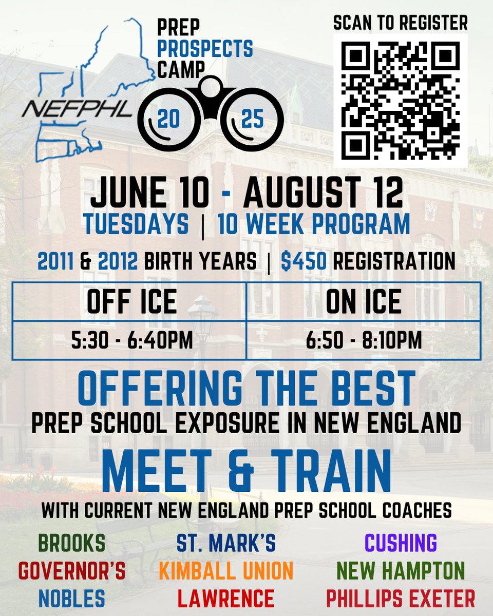 Calling all 2011 &amp; 2012 birth year players. We are excited to announce our Prep Prospects Camp starting June 10!
This is a great opportunity to get in front of and train with some coaches from New England Prep Schools on and off the ice.
Visit nefphl.org/prep-prospects… to register.