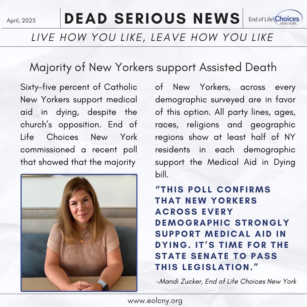 #EOLCNY recently commissioned a poll of New Yorkers that showed consistent, overwhelming support for Medical Aid in Dying. The Catholic Church, which is a strong opponent, is clearly not listening to its constituents who are in favor of this option overwhelmingly. #MAID #eol #NY