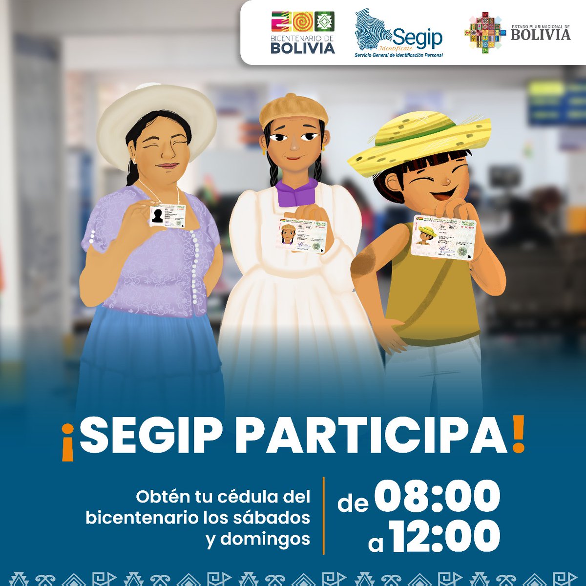 ¡𝑺𝑬𝑮𝑰𝑷 𝒑𝒂𝒓𝒕𝒊𝒄𝒊𝒑𝒂!
Desde el Segip, lanzamos nuestra campaña nacional de cedulación con atención extendida en fines de semana.
Desde el 17 mayo extendemos la atención en todas nuestras oficinas a nivel nacional, durante sábados y domingos.
De 8:00 a 12:00 hrs.