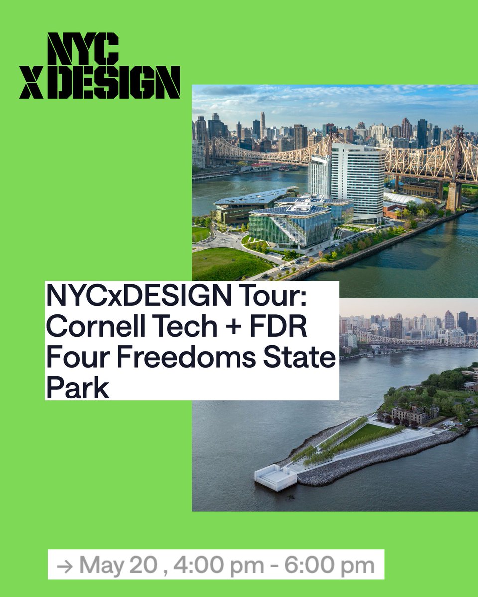Cornell Tech (@cornell_tech) on Twitter photo Whether you’re passionate about technology or history, this #tour of #CornellTech and <a href="/4FreedomsPark/">Four Freedoms Park Conservancy</a> on Roosevelt Island is a must-attend event for anyone interested in New York City’s evolution and future.
Learn more and register to attend on May 20: eventbrite.com/e/nycxdesign-t… Whether you’re passionate about technology or history, this #tour of #CornellTech and <a href="/4FreedomsPark/">Four Freedoms Park Conservancy</a> on Roosevelt Island is a must-attend event for anyone interested in New York City’s evolution and future.
Learn more and register to attend on May 20: eventbrite.com/e/nycxdesign-t…