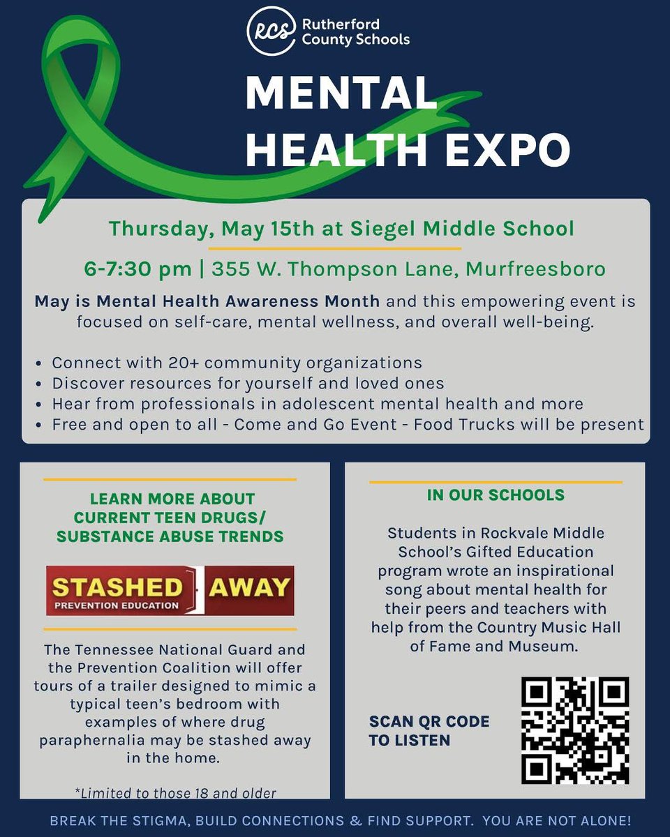 The last RCS Parent Series event for the 2024-25 school year is a Mental Health Expo at Siegel MS on Thursday, May 15th from 6-7:30pm. Event info below.